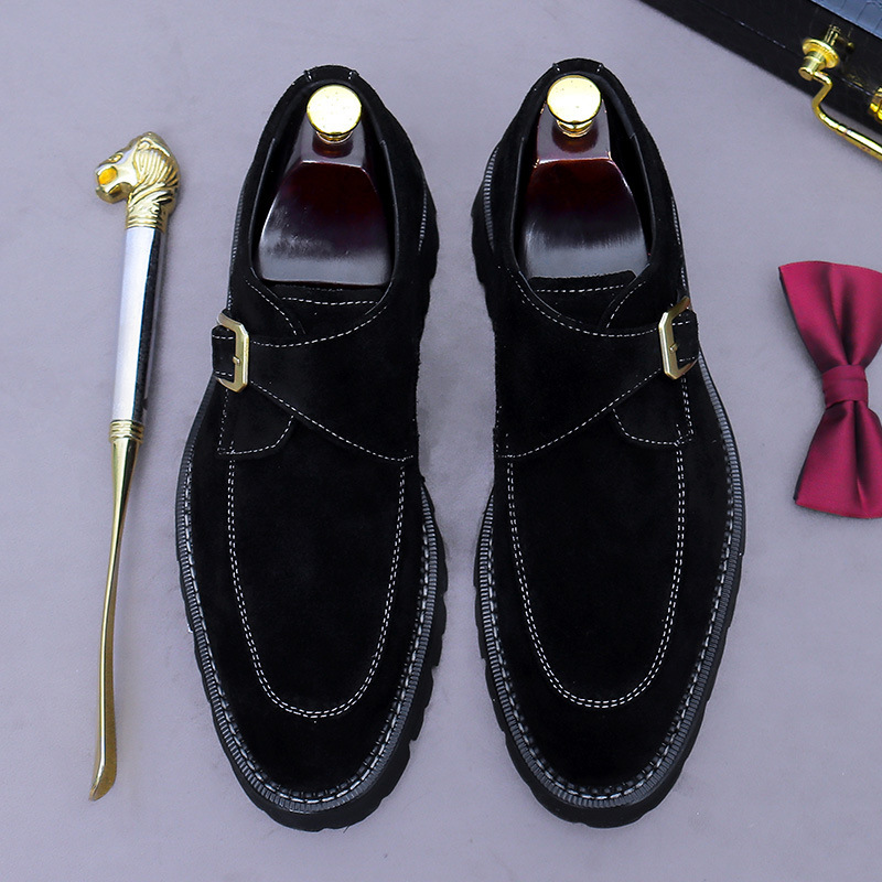Giày loafer nam da bò lộn mũi tròn khóa cổ điển đế dày tăng chiều cao — đen, màu nâu mocha