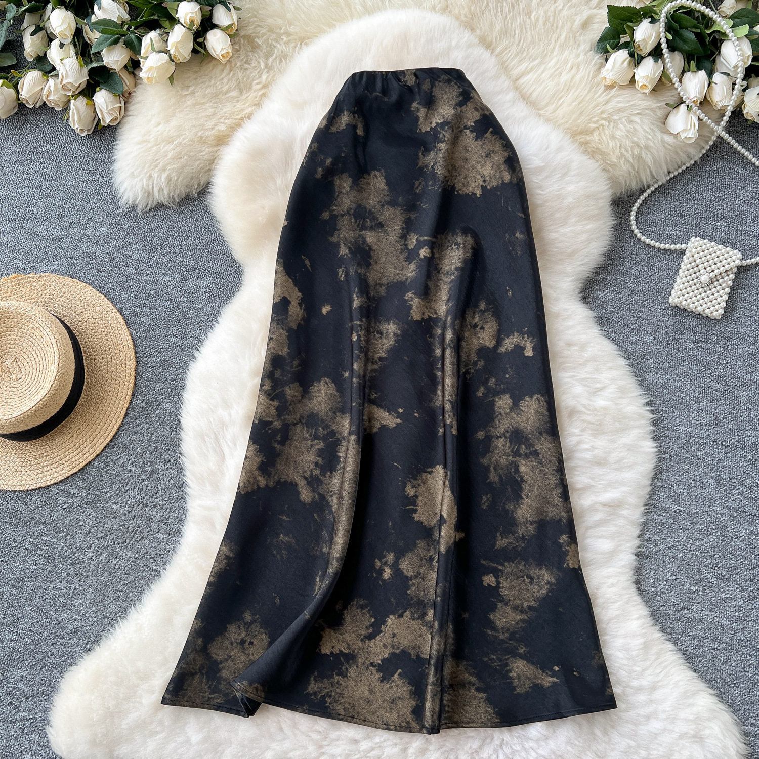 High Waist Satin Midi Skirt for Women Vintage Ink Print Flared Design Summer Casual Wear