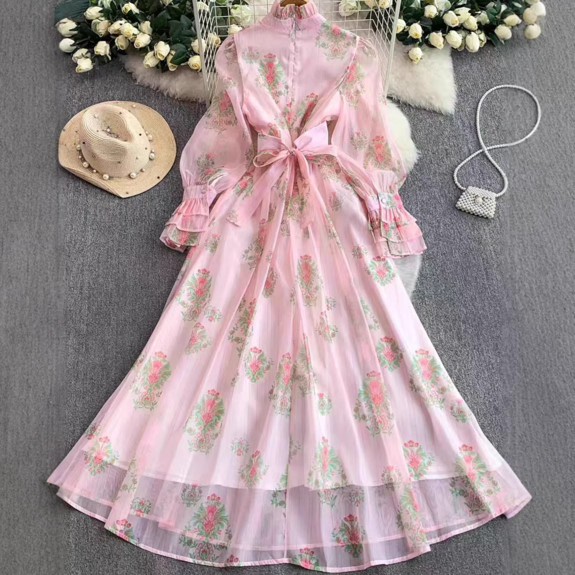 French Court Style Embroidered Lantern Sleeve Dress Summer Slim Fit A Line Rhinestone Accents Elegant Evening Wear