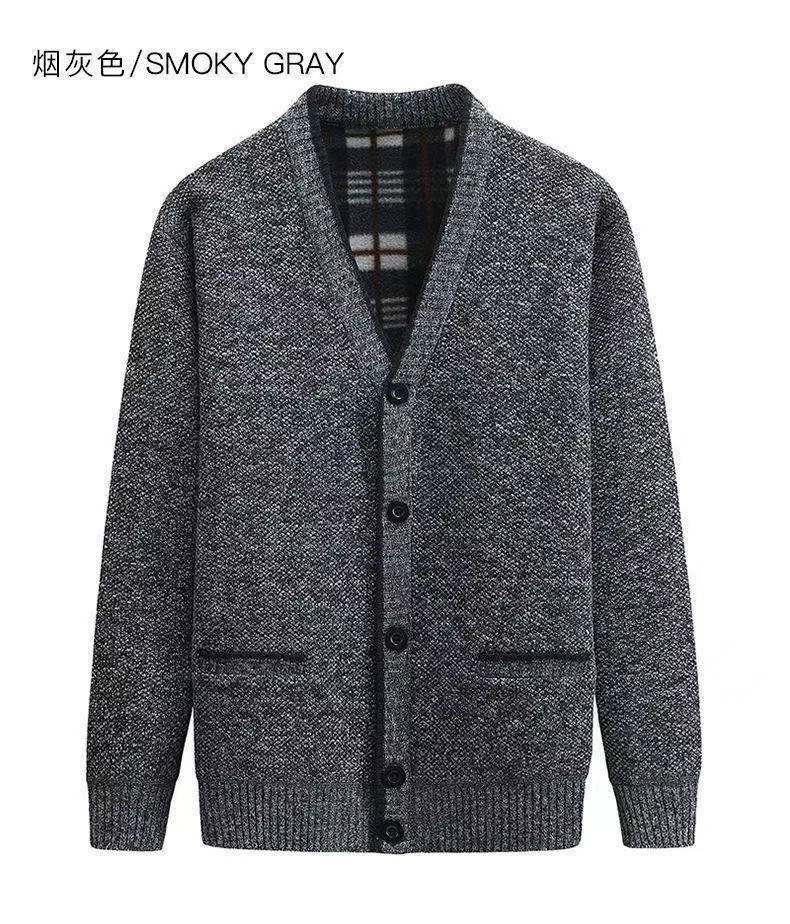 一件代发  冬季中年男加绒毛衣开衫 加厚V领中老年爸爸装针织外套
