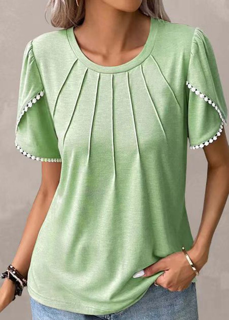 Short Sleeve Pleated T Shirt Round Neck Petal Sleeves Lightweight Fabric Summer Casual Wear for Women Wholesale