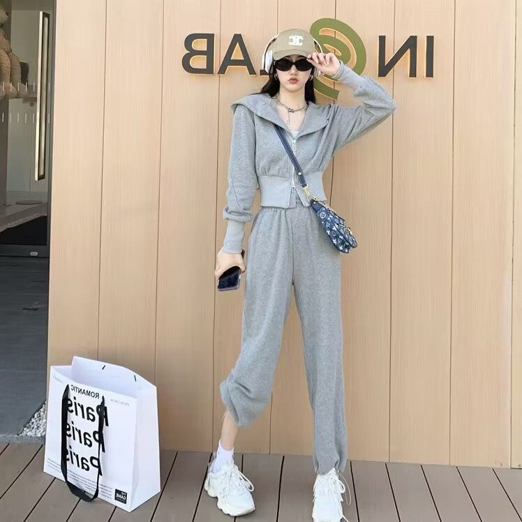 Fashion Casual Sports suit Women's Early Autumn Fashion Slim-fit Slimming Hooded Cardigan Long-sleeved Wide-leg Pants Two-piece Fashionable Set