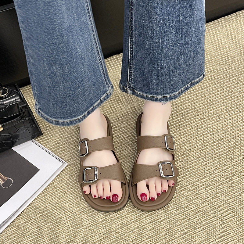 Summer New Slippers Women's Fashionable All-match Square Buckle Internet-famous Home Non-slip One-word Flops Outer Wear Flat Beach Shoes