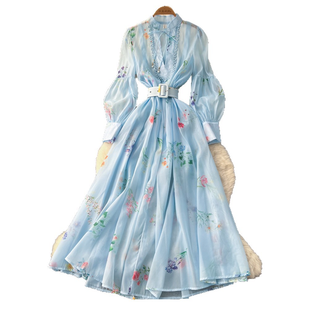 French Romantic Lantern Sleeve Floral Dress Hollow Out Waist Tie A Line Silhouette Elegant Evening Wear Wholesale