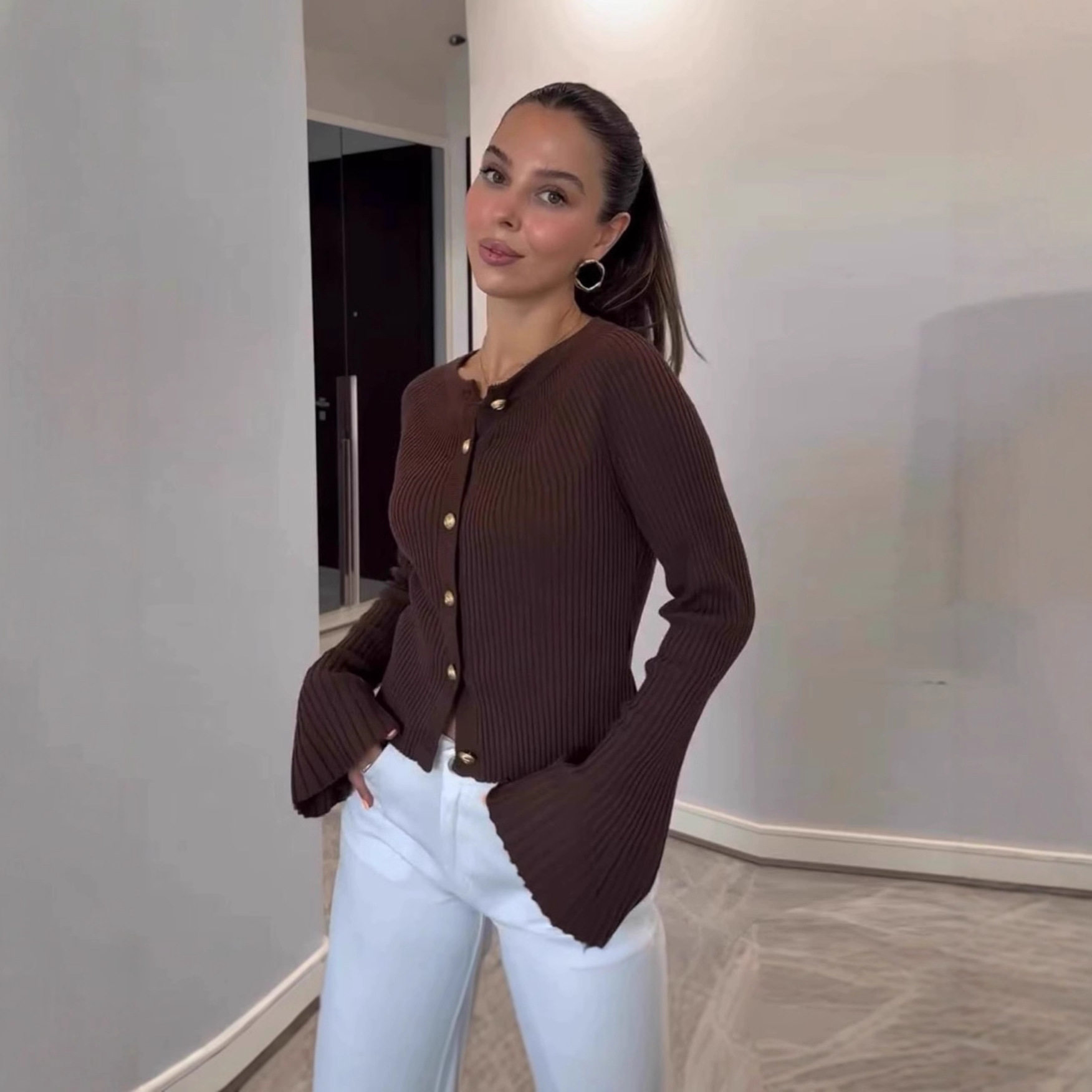 坑条长袖针织衫女纯色打底螺纹上衣单排扣跨境欧美2025秋冬针织衫