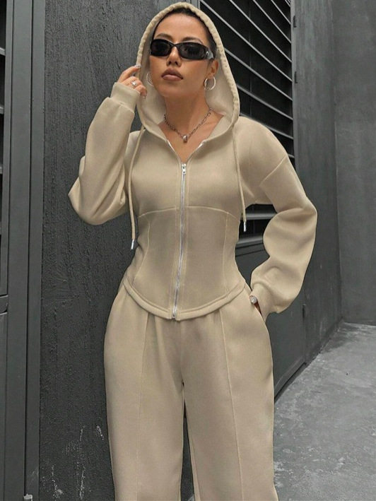 European and American Amazon Cross-Border Independent Station 2025 Autumn and Winter Fleece Hooded Cardigan Slim Sweatshirt Wide-Leg Pants Two-Piece Set