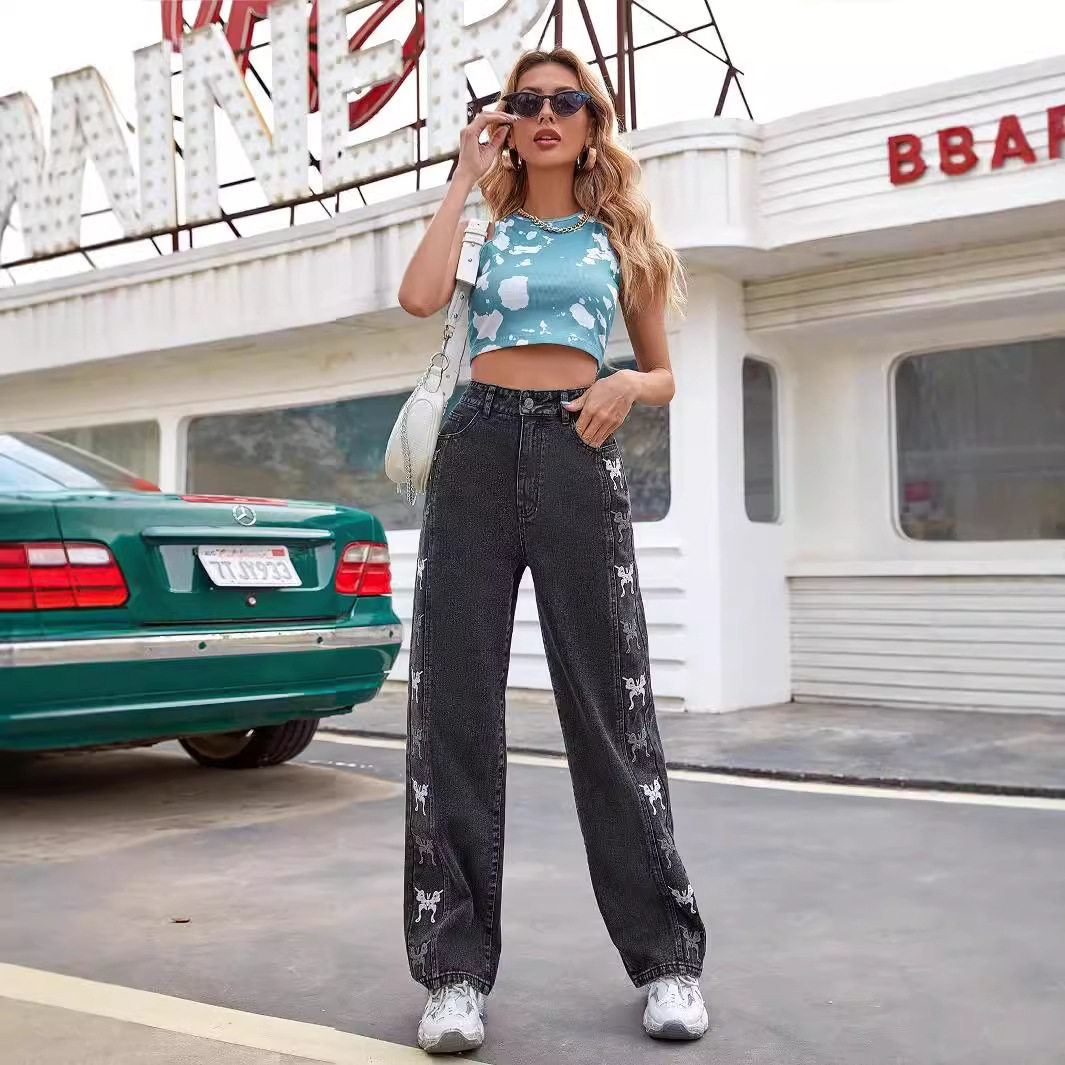 Vintage Gradient Butterfly Embroidery Denim Pants Womens Casual Style Versatile Fit Suitable for Daily Wear