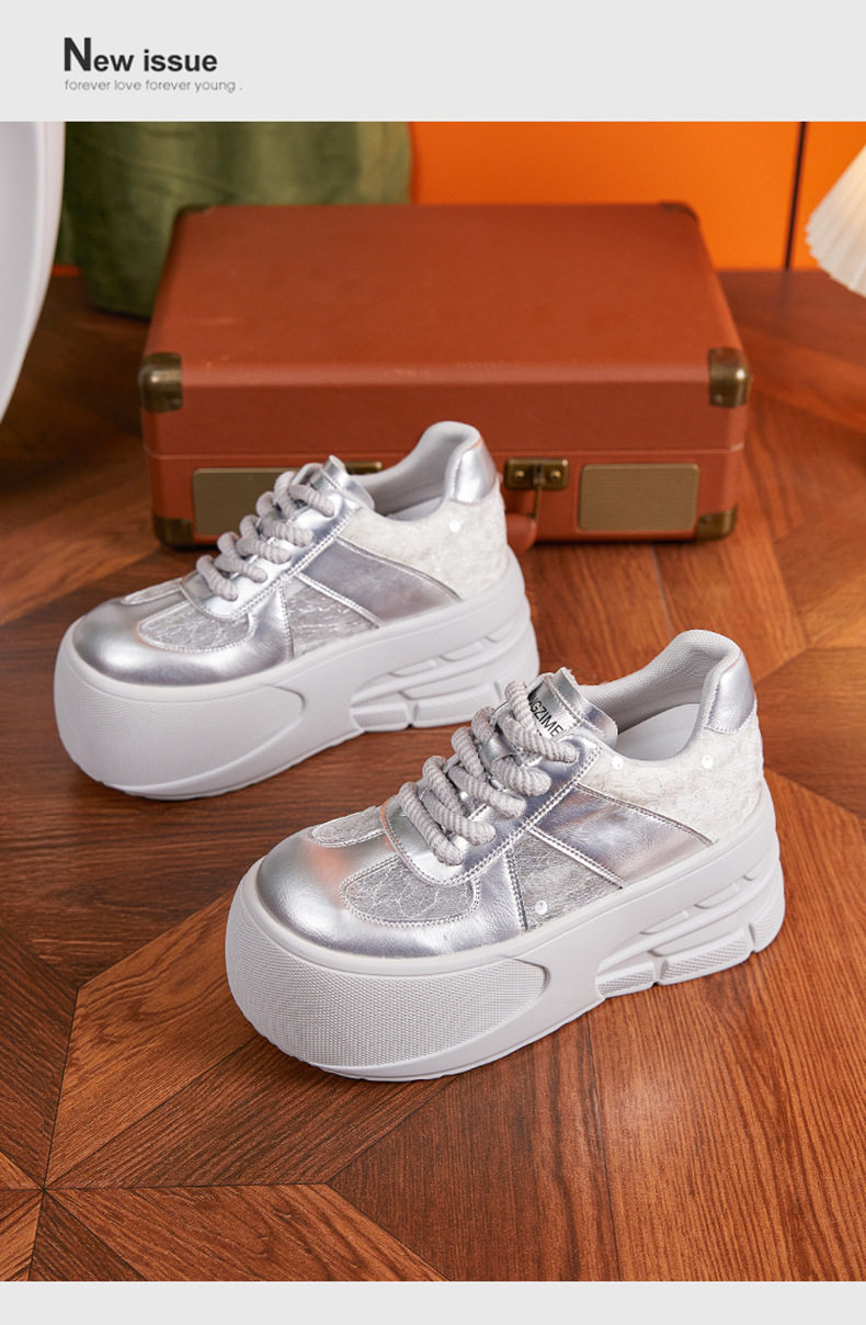 Giày sneaker nữ đế dày chunky lưới thoáng khí, tăng chiều cao, phong cách đa năng — Trắng, Bạc chi tiết 13