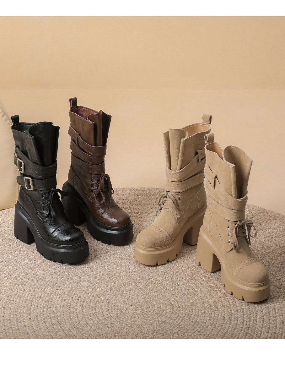 Boot nữ cổ trung khóa thắt lưng gót thô 12cm phong cách cổ điển — Lớp lót đơn màu be, Lớp lót đơn màu đen, Lớp lót đơn màu nâu, Lót nhung đen