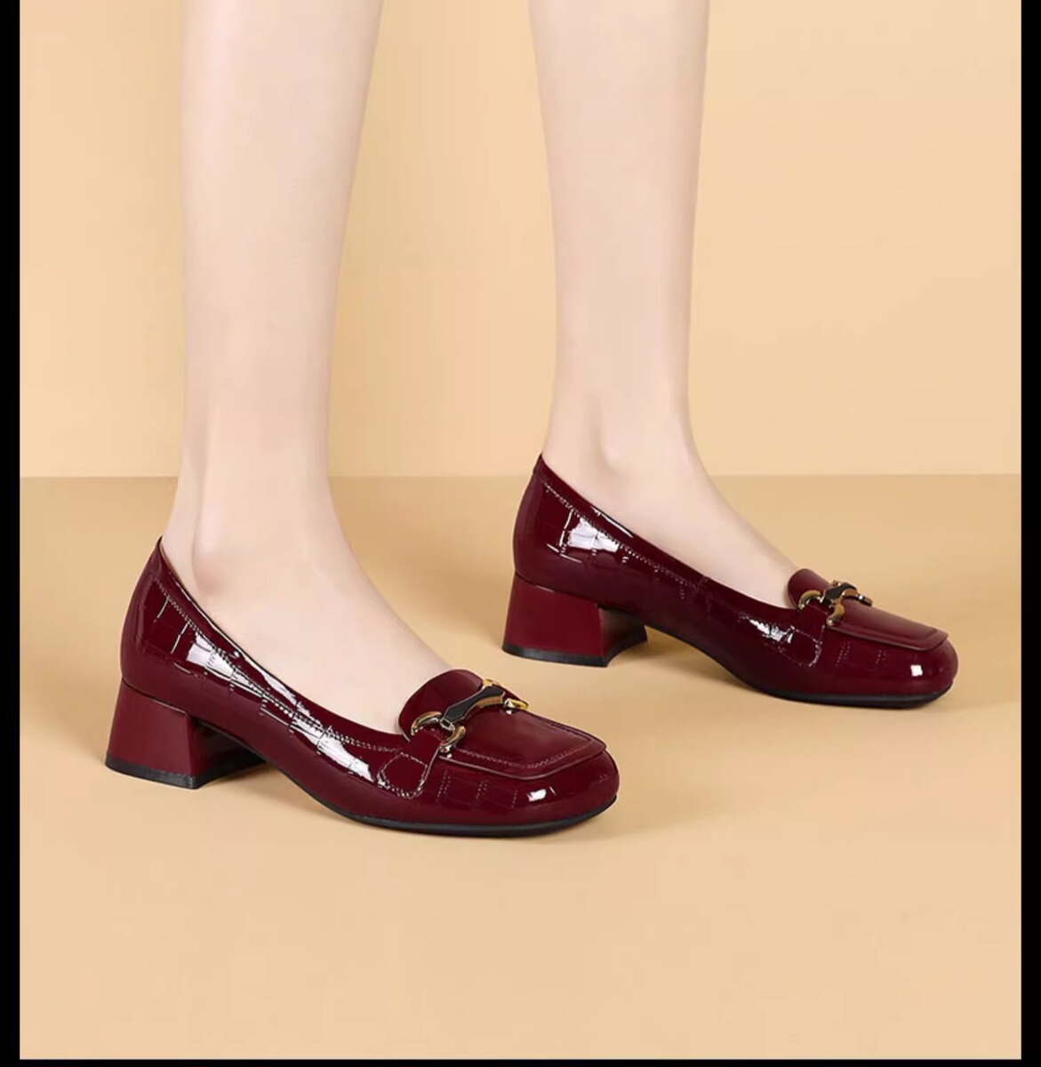 Giày lười nữ mũi vuông gót thô 3-6cm da PU mềm êm chân — Màu đen, Màu đỏ rượu, Màu mơ