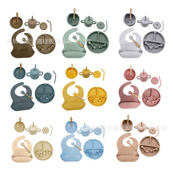 Children's Tableware Ten-Piece Feeding Set Baby Food Bowl Dinner Plate Spoon Fork Bib Silicone Dinner Plate