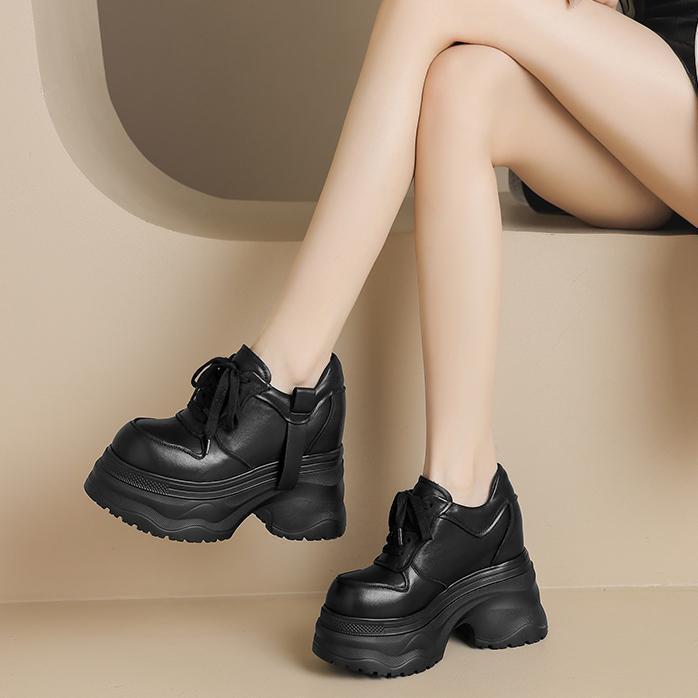 Giày sneaker nữ da bò thật đế dày tăng chiều cao 12cm dáng dad shoes buộc dây — Màu đen, Màu trắng