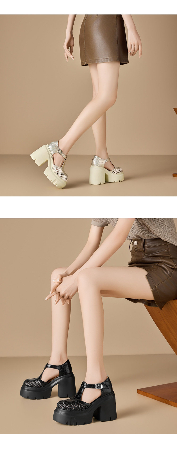 Sandal cao gót nữ quai ngang mũi kín đan lát gót vuông 12 cm phong cách Mary Jane — [Trắng kem], [Đen], [Vàng nhạt] chi tiết 5