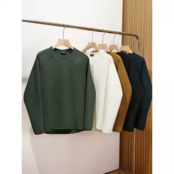 Premium Waffle Weave! Lightweight, Crisp, Sweat-Absorbent, Quick-Drying Japanese-Style Outdoor Sports Men's Solid Color Raglan Sleeve Crew Neck Sweatshirt