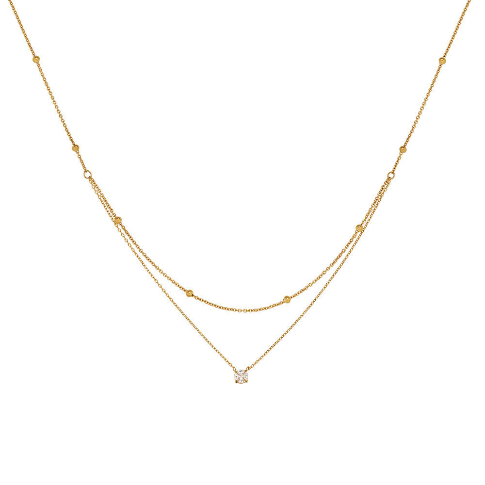 2025 New Exquisite Half-Double-Layer Single Diamond Titanium Steel Necklace, Feminine, Light Luxury, Niche Style, Layered Gold Bead Collarbone Chain