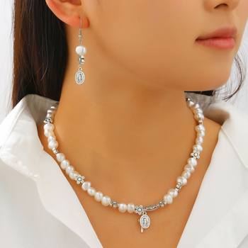 Cross-Border Popular Imitation Pearl Beaded Flower Cross Virgin Mary Pendant Bracelet Retro Fashion Ladies