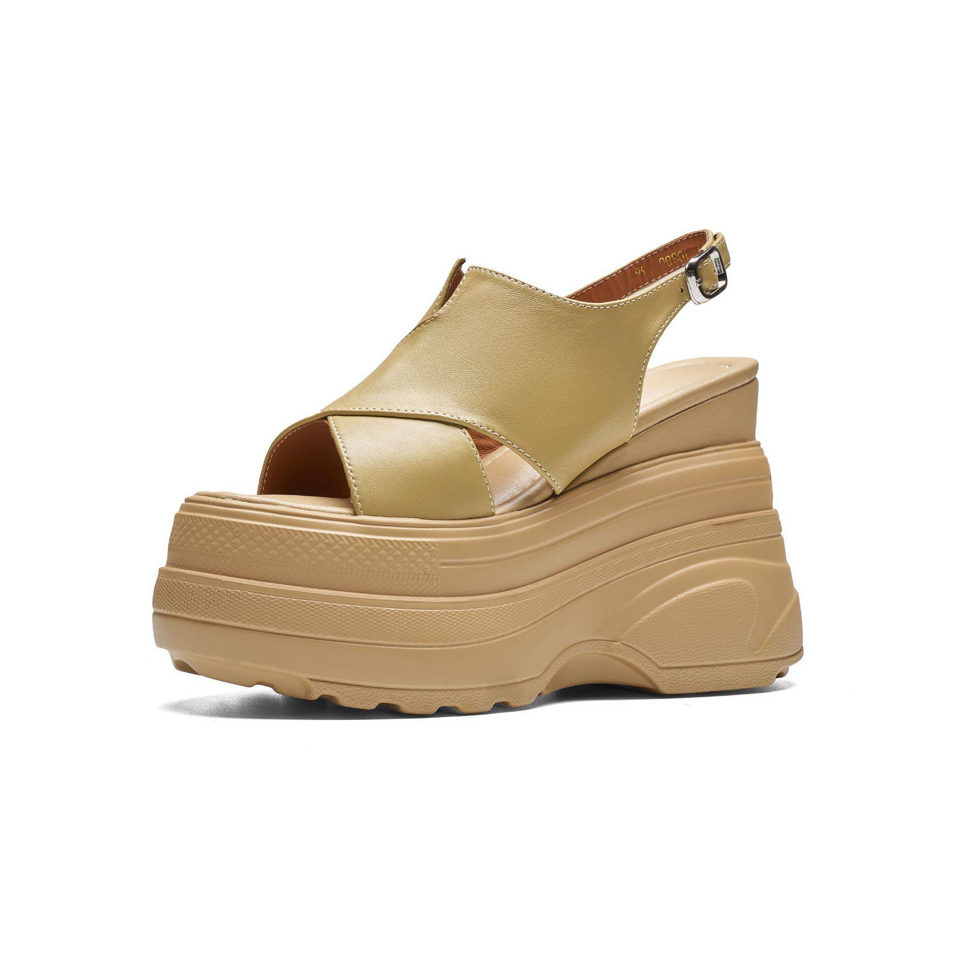 Sandal cao gót nữ mũi hở phong cách La Mã, đế xuồng tăng chiều cao 12 cm — [Màu hồng đào], [Màu đen]