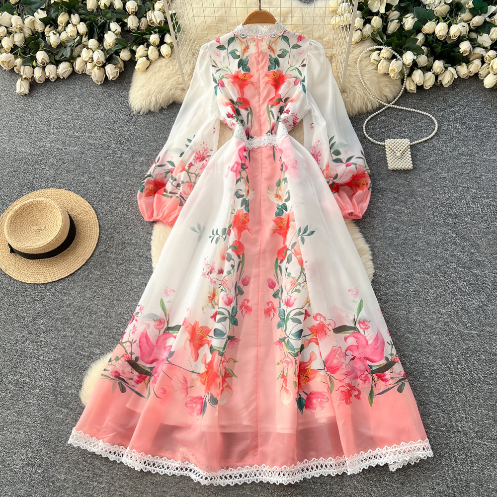 French Vintage Floral Print Dress Long Sleeve Slim Fit A Line Silhouette Romantic Spring Vacation Style Wholesale