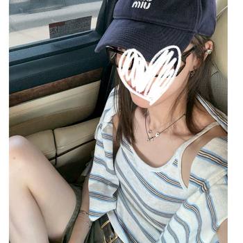 Summer Relaxed Striped Sun Protection Suit, Slimming and Versatile, Lazy Style Suspenders, Loose Cardigan Two-Piece Set