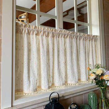 Korean Pastoral French Daisy Floral Cotton and Linen Curtain Fabric, Light-Transmitting but Not See-Through, No-Punch Magic Tape Short Curtain, Ginger Tea