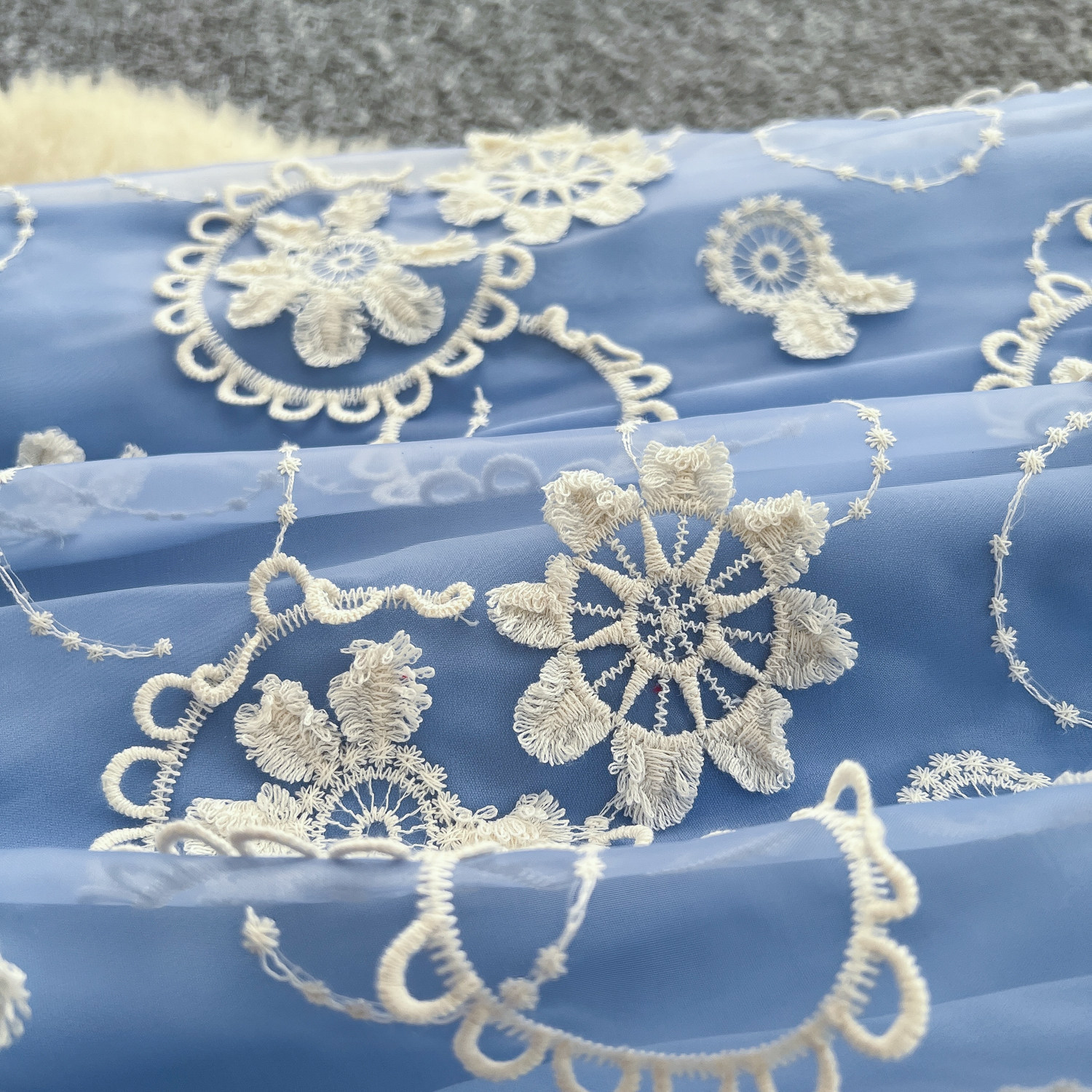 Blue Lace A Line Dress for Women Summer Puff Sleeves Waist Defining Elegant Style Available for Wholesale