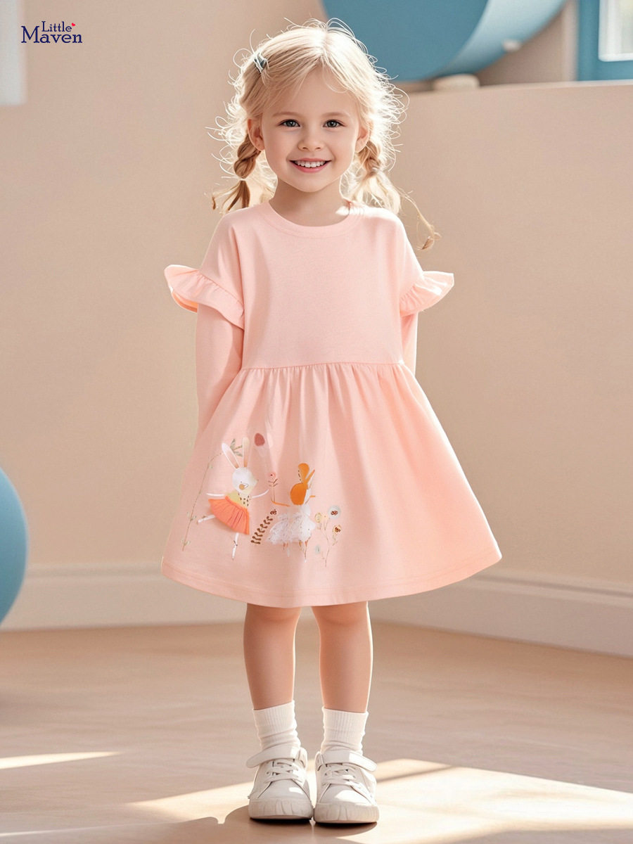 Source Factory Girls' Skirt Wholesale, Autumn Ruffle Sleeve Kids' Dress, Cartoon Heat Transfer Cotton Kids' Dress