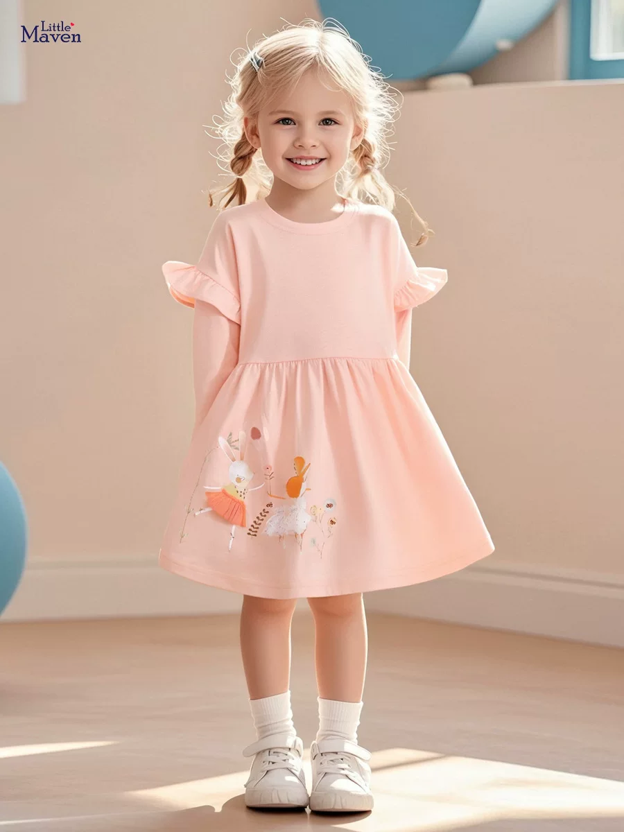 Source Factory Girls' Skirt Wholesale, Autumn Ruffle Sleeve Kids' Dress, Cartoon Heat Transfer Cotton Kids' Dress