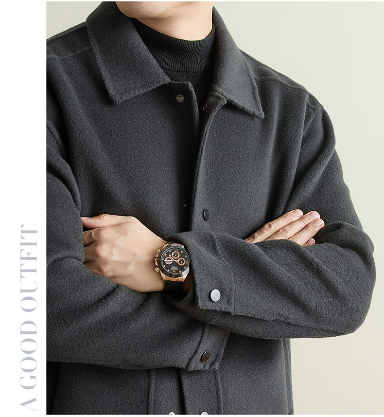 Áo khoác dạ ngắn nam hai mặt pha len lông cừu may thủ công cổ bẻ phong cách casual — Xám đậm, Cà phê đậm, Màu kaki