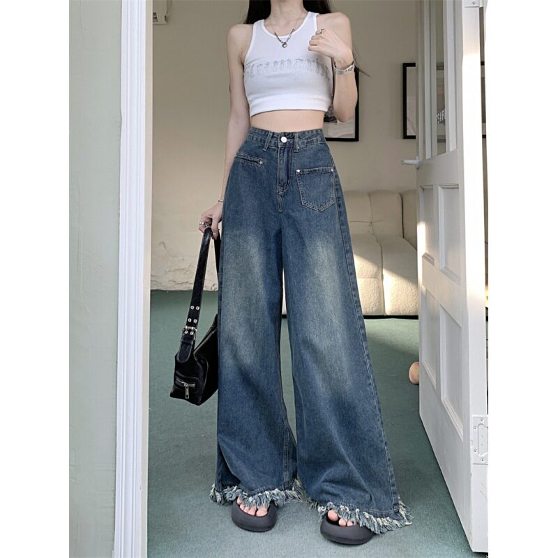 High Waisted Wide Leg Jeans for Women Vintage Style Loose Fit Frayed Hem Spring and Autumn Fashion Wholesale