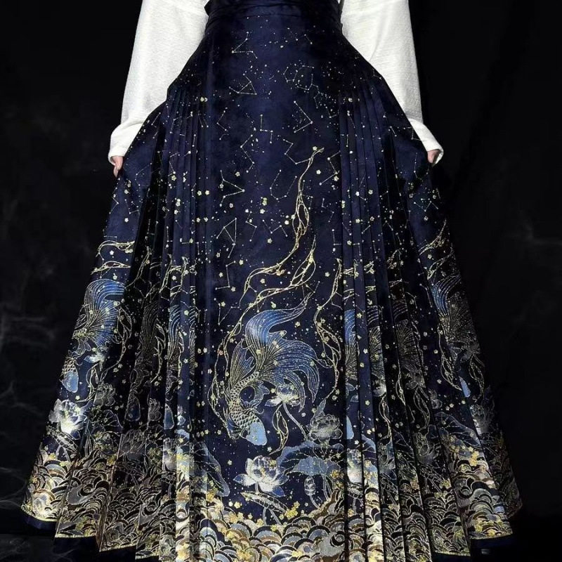 New Chinese-Style Ming Dynasty Hanfu Women's Gold-Woven Floral Horse-Face Skirt, National Style Daily Commuting Petite Half Skirt