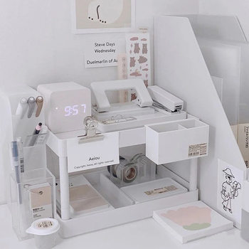 Desktop Storage Rack two-layer non-printed storage rack student dormitory cosmetics stationery cleaning rack ins