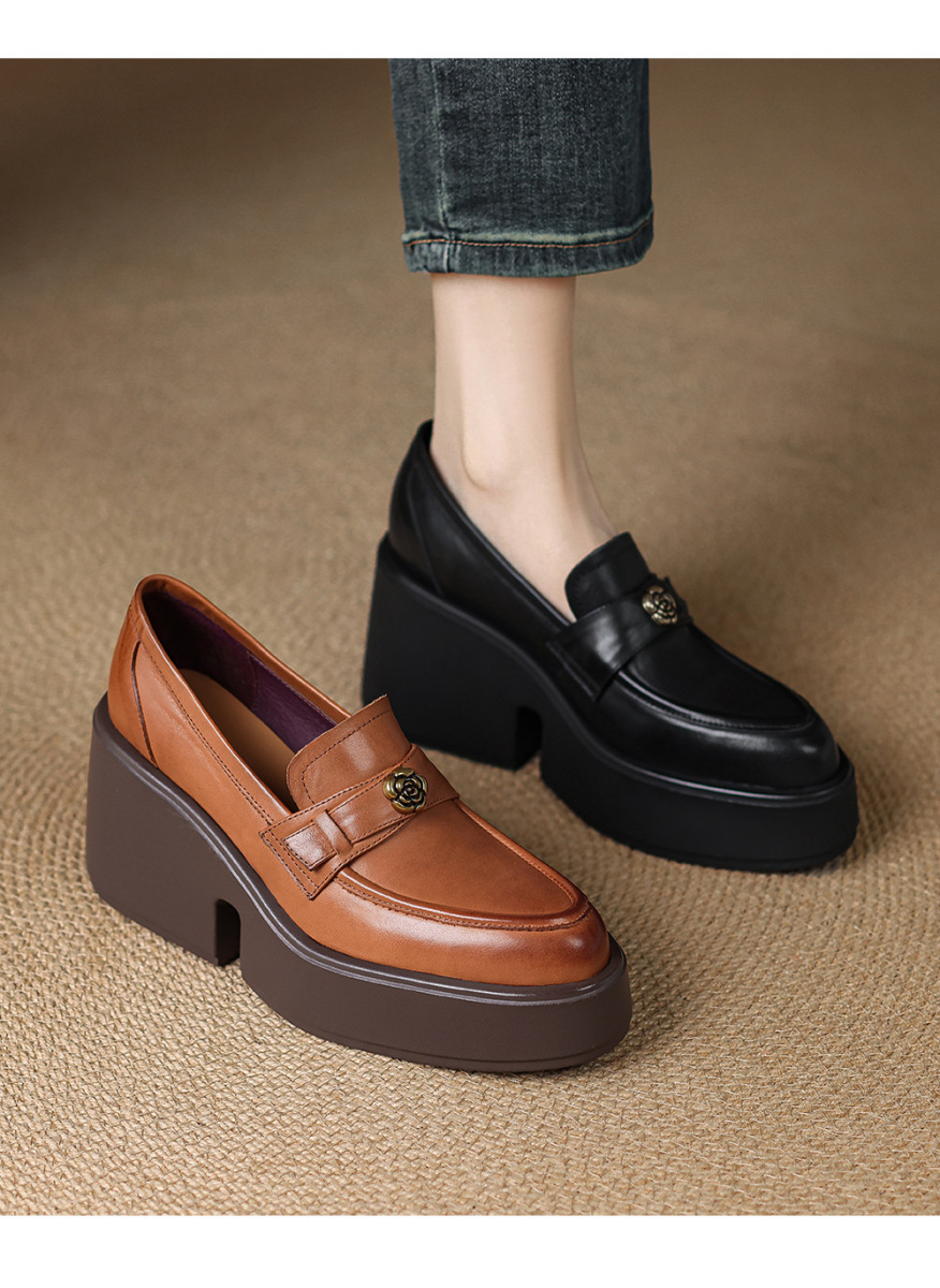 Giày lười nữ đế xuồng gót cao 8cm da bò thật mũi nhọn — màu đen, Màu nâu
