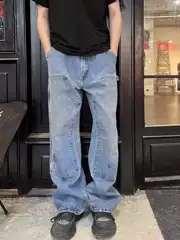 2023 New Carhartt B73 Washed Distressed Denim Jeans Cleanfit Loose Straight-Leg Carpenter Pants Men