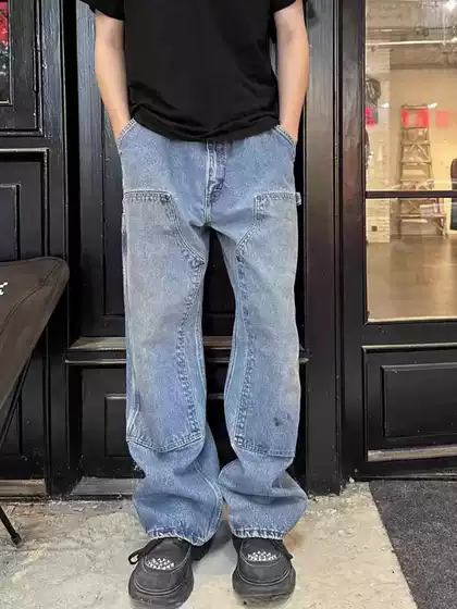 2023 New Carhartt B73 Washed Distressed Denim Jeans Cleanfit Loose Straight-Leg Carpenter Pants Men