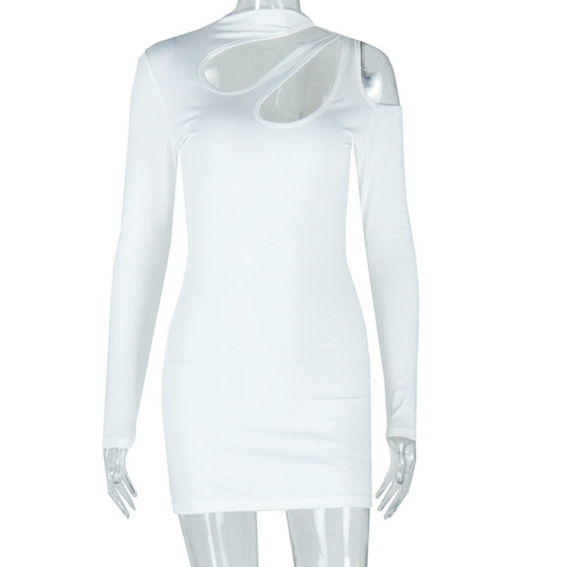 Fashionable Womens Bodycon Dress Solid Color Hollow Out Off Shoulder Long Sleeve Stand Collar Evening Wear