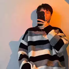 Japanese Style Retro Striped Loose Lazy Style Sweater Men's Autumn and Winter Hong Kong Style All-match Simple Round Neck Sweater Trendy