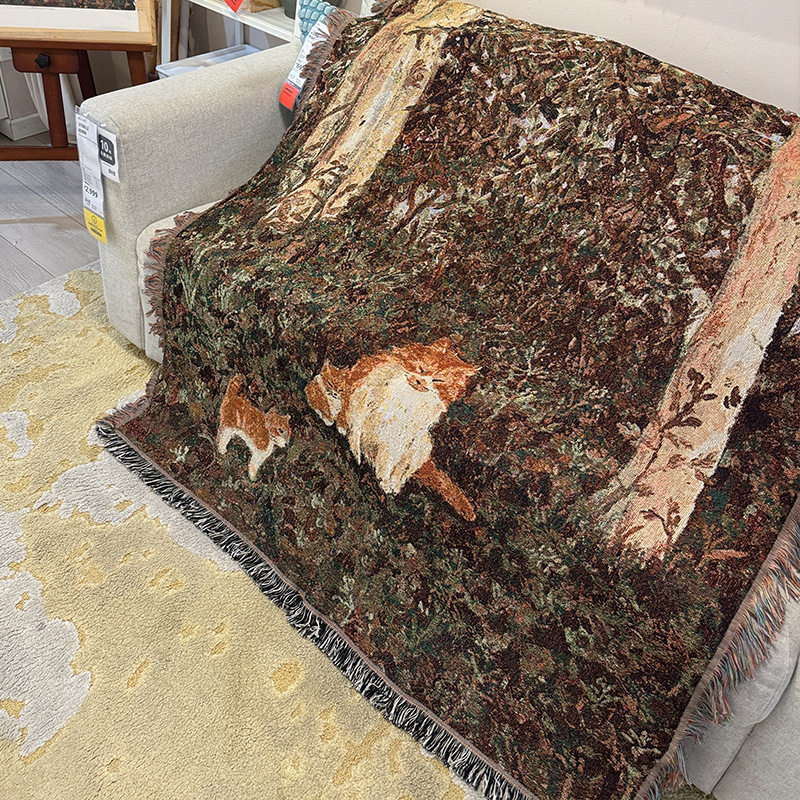 Retro Oil Painting Style Cartoon Cat Blanket Jacquard Knitted Cotton Thread Blanket Sofa Blanket Single Cover Blanket Wall Tapestry