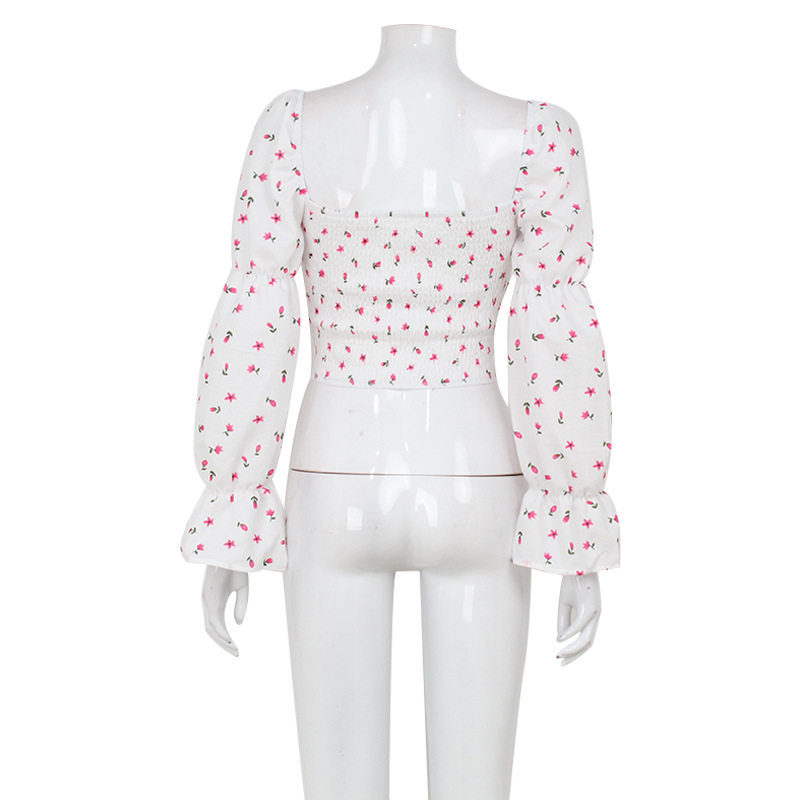 Womens Floral Crop Top Fresh Sweet French Style Puff Sleeves Square Neck Tie Detail Perfect for Spring and Autumn