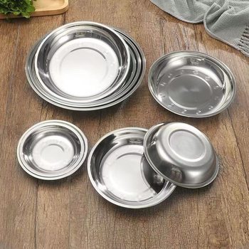 Wholesale Household Stainless Steel Plate Thickened Round Plate Dish Plate Barbecue Rice Roll Cold Skin Fast Food Plate Shallow Mouth Plate