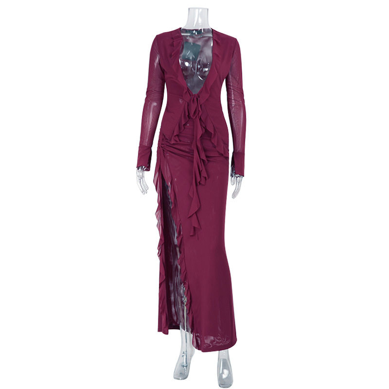Fashion Two Piece Set Deep V Neck Top High Slit Bodycon Skirt Lace Ruffle Trim Elegant Occasion Wear Wholesale