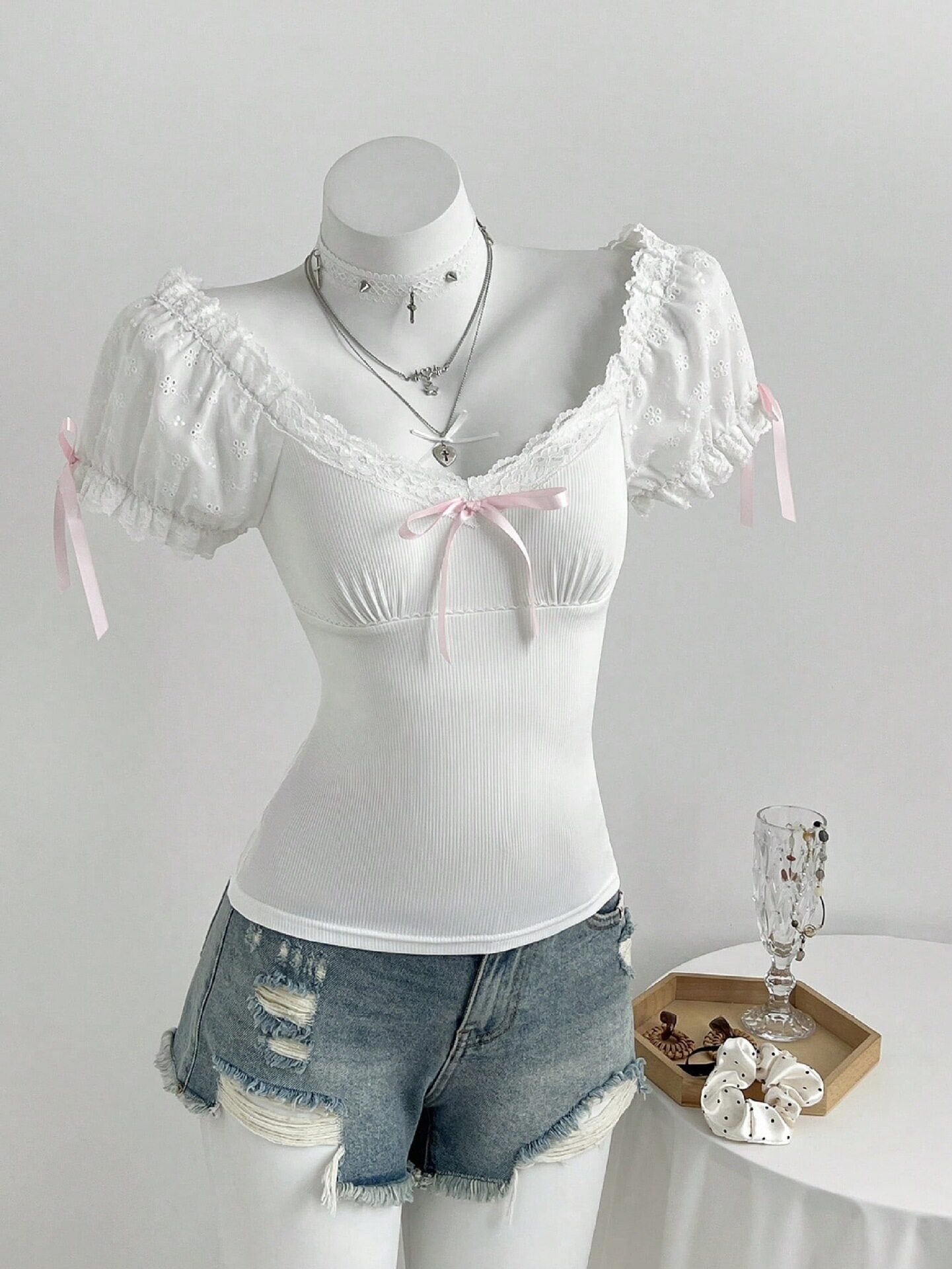 Summer Womens Short Sleeve T Shirt Bow Tie Detail Bubble Sleeve Soft Fabric Casual Wear Ready to Ship