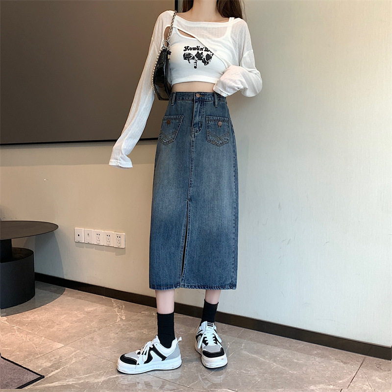 High Waisted A Line Denim Skirt for Women Mid Length Cement Gray Perfect for Spring Wholesale Available