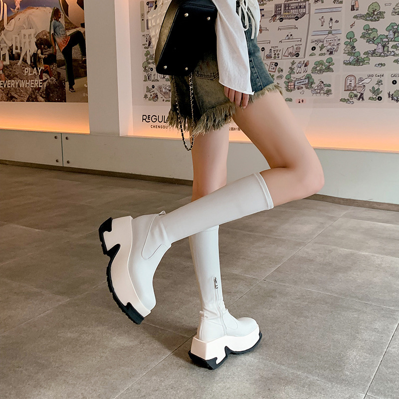 Boot nữ cổ cao ôm bắp chân gót vuông 9cm tăng chiều cao, đế dày chống trượt — Da sáng chế màu đen lót nhung ống nhỏ, Lót nhung ống nhỏ màu be, Màu đen bằng sáng chế da ống nhỏ bên trong, Màu đen da bò ống nhỏ lót một lớp
