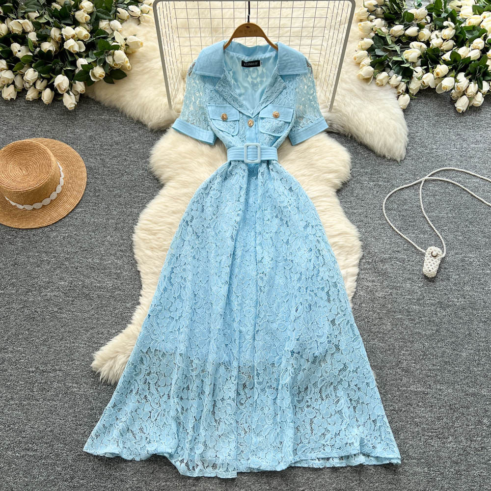 Elegant French Style Short Sleeve Dress for Women Lace Belted Flared Skirt Summer Occasion Wholesale Available
