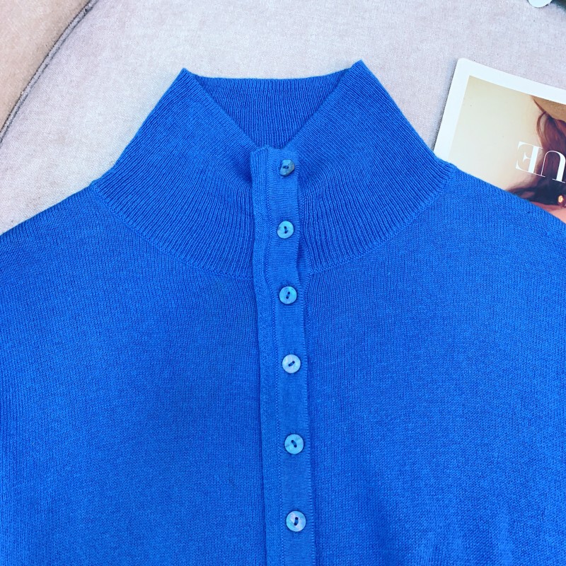 Áo cardigan nữ cổ đứng dáng rộng vai trễ có túi cài nút một hàng — Màu xanh dương