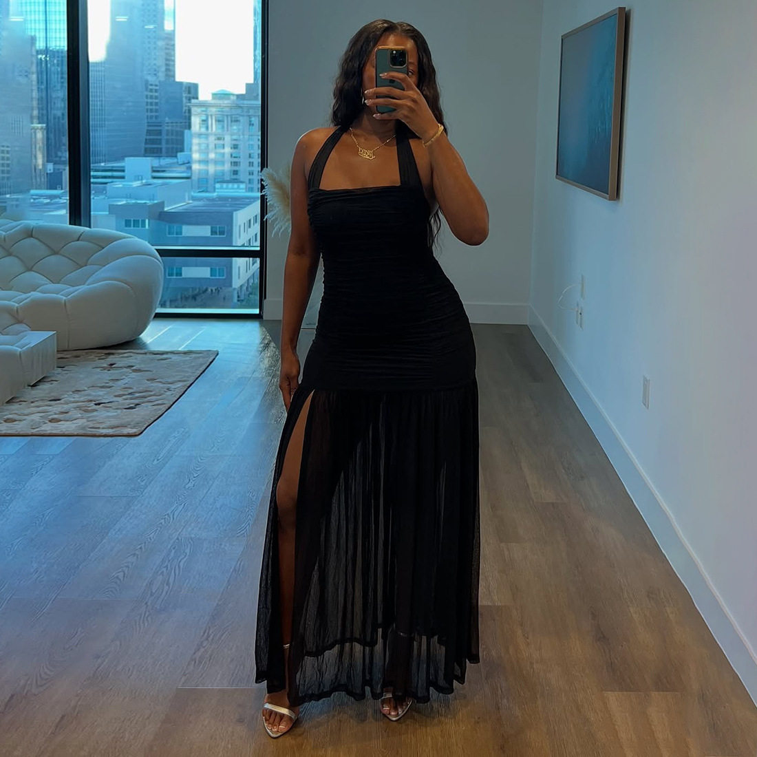 Womens Fashion Backless Ruched Layered Dress Stylish Halter Neck Slim Fit Elegant Design Perfect for Autumn Events