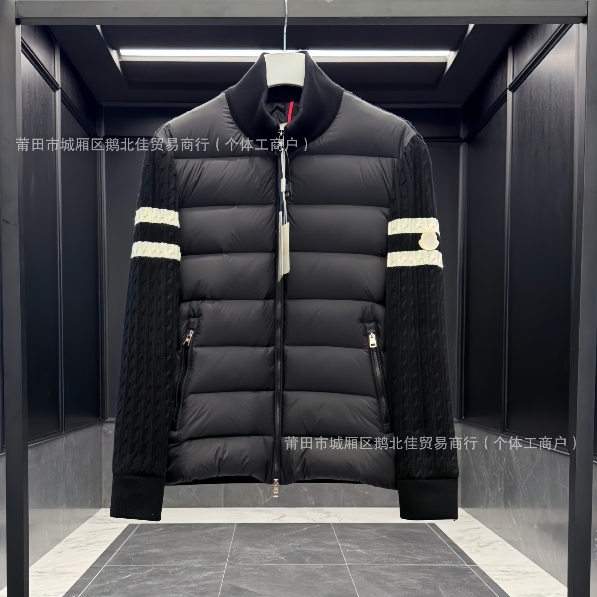 Padded Corduroy down Jacket with Knitted Sleeves for Men and Women, Stand Collar, Zipper, Striped Wool Splicing Jacket