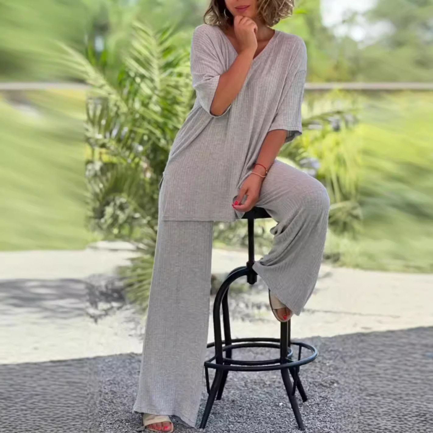 Womens Knit Two Piece Set Casual Loose Fit Top and Straight Leg Pants Comfortable for Everyday Wear