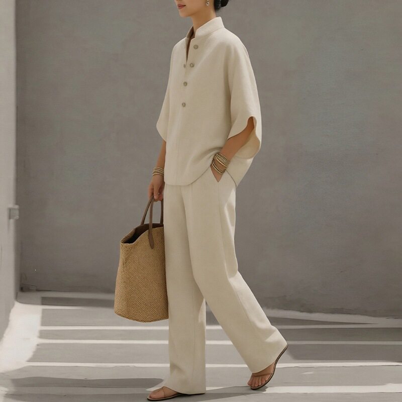 Womens Spring Fashion Set Casual Solid Color Button Down Collar Straight Leg Pants Perfect for Everyday Wear