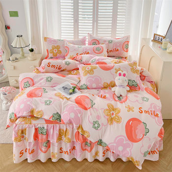 Korean-style skin-friendly brushed bed skirt four-piece thickened quilt cover Simmons mattress protective cover three-piece gift wholesale